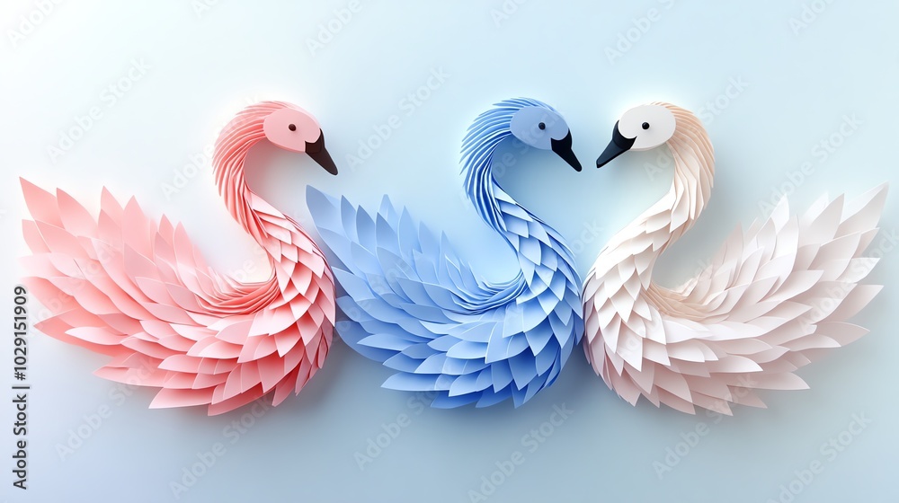 Fototapeta premium Multilayered paper cut origami swans in soft hues, forming an elegant decoration, paper cut swan, origami nature design