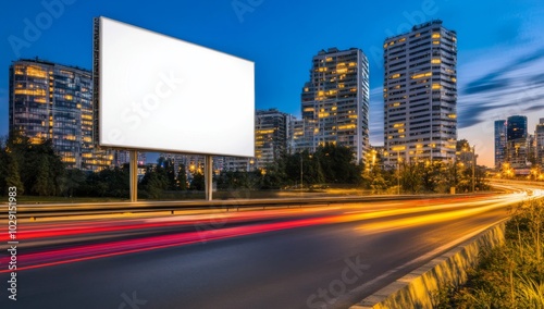 A blank billboard on the side of an urban highway at night, illuminated by city lights and skyscrapers in the background.