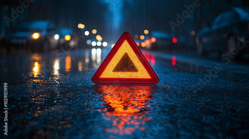 Illuminated Reflections with an Emergency Triangle in Rainy Night Road