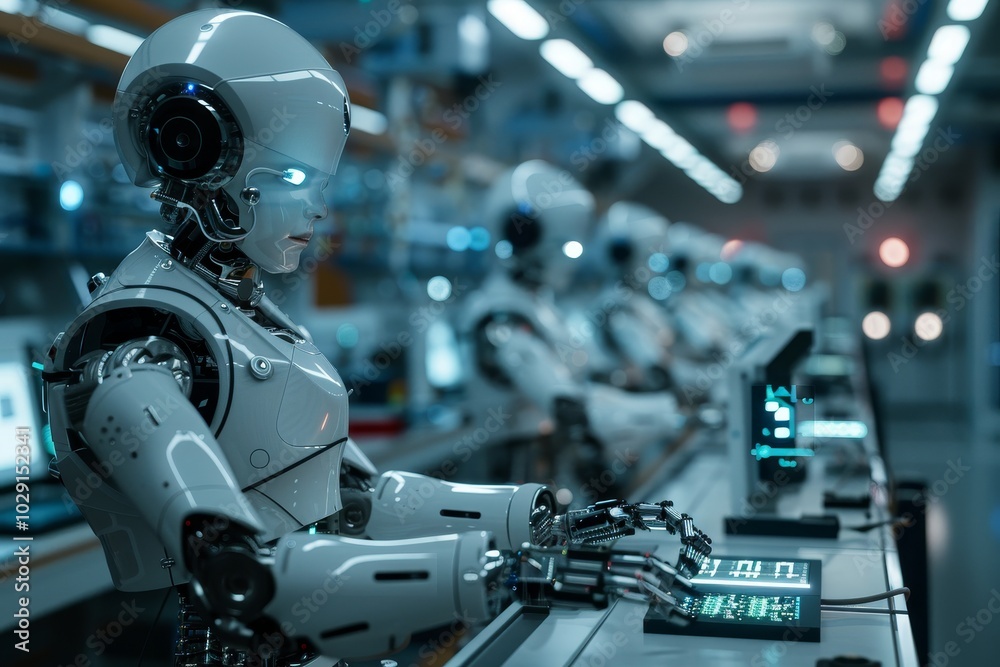 AI robots working in a futuristic IT lab ,A robot in a factory setting, diligently working on a computer, showcasing advanced automation technology. AI robots working in a futuristic IT lab ,A robot in a factory setting, diligently working on a computer, showcasing advanced automation technology.