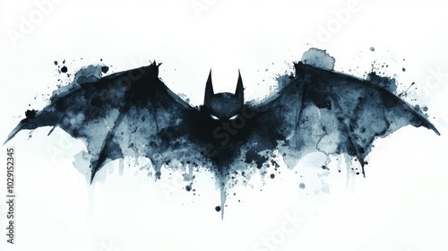 A watercolor illustration of a bat silhouette with dark blue and gray tones on a white background.
