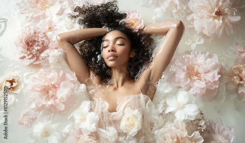 Tranquil and harmonious image of a woman surrounded by vibrant blossoms, symbolizing balance between human and nature, and journey of renewal and personal transformation.