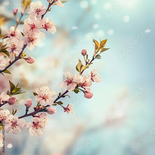 A close-up of delicate cherry blossom flowers against a soft, dreamy background.