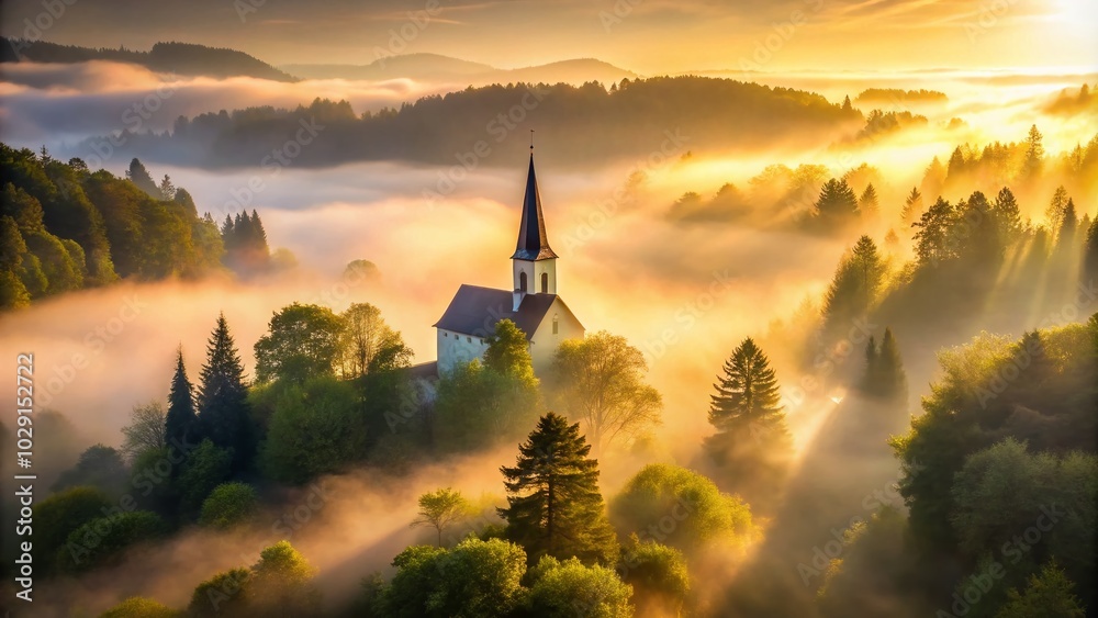 Fototapeta premium Serene Church in the Fog at Dawn - Enchanting Forest Landscape Photography