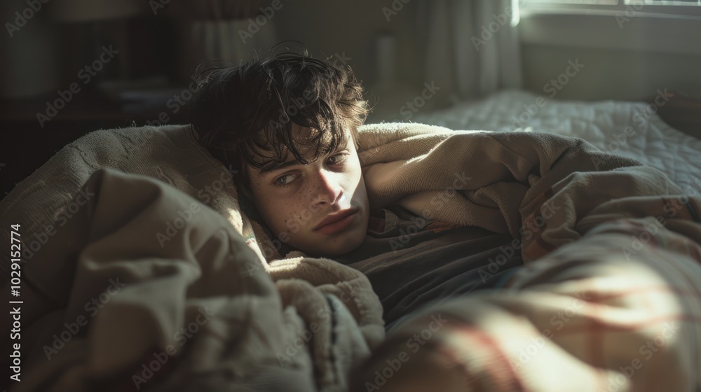 Young Man Resting in Bed with Blanket Covering His Face Young Man Resting in Bed with Blanket Covering His Face