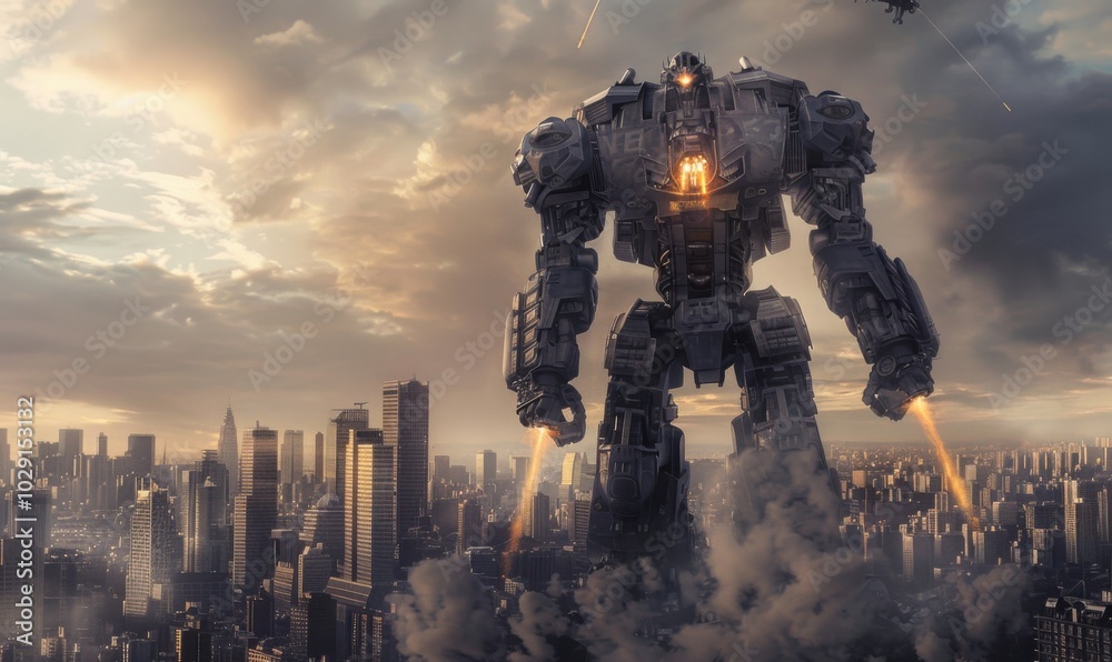Giant robot defending a city, 4K hyperrealistic photo