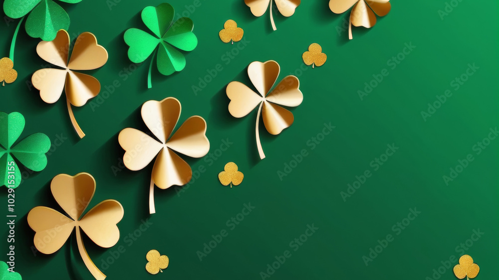 Background in honor of St. Patrick's Day with a paper-cut four-leaf clover on a green background. With a place to copy the text.