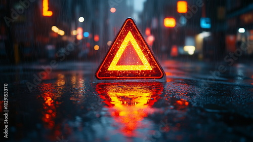 Illuminated Reflections with an Emergency Triangle in Rainy Night Road