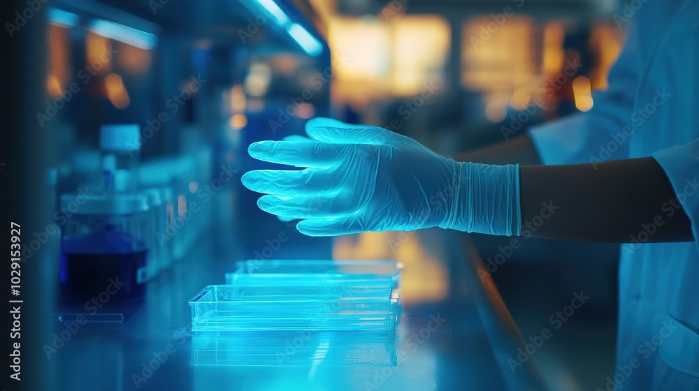 A scientist with gloved hands works with transparent petri dishes in a glowing laboratory environment.