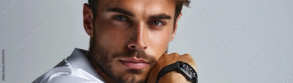 Fototapeta premium Man with running watch, white background, athletic device