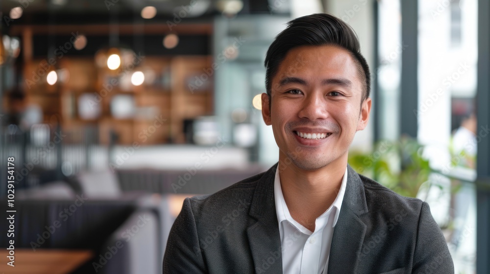 Portrait of a smiling Asian man wearing a suit in a cafe Portrait of a smiling Asian man wearing a suit in a cafe