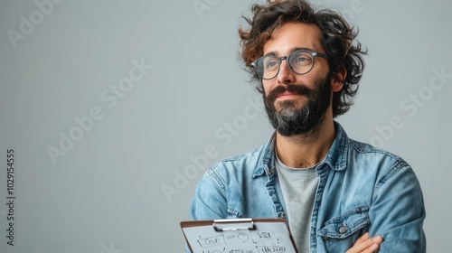 Man with sketch pad, white background, artistic expression photo