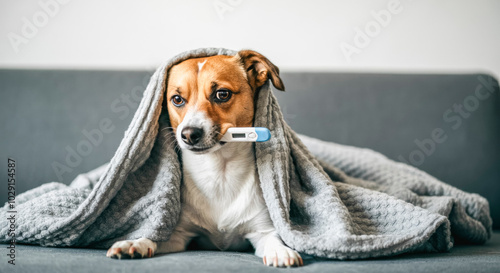 Sick pet concept: curious dog under blanket with thermometer