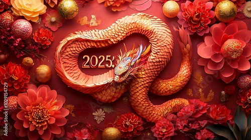 A delicate paper-cut snake intertwined with "2025," surrounded by symbols of wealth and fortune like gold ingots, lotus flowers, and firecrackers,