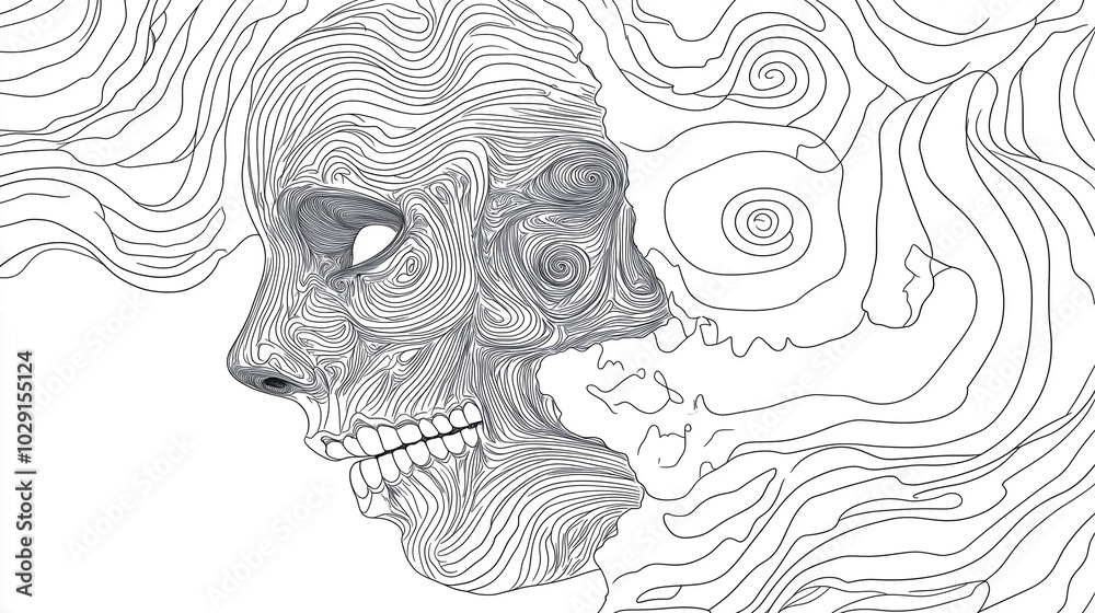 Fototapeta premium A continuous line drawing of a face splitting into two, one half a human profile and the other a sugar skull, with spirals representing thoughts. Surrealism