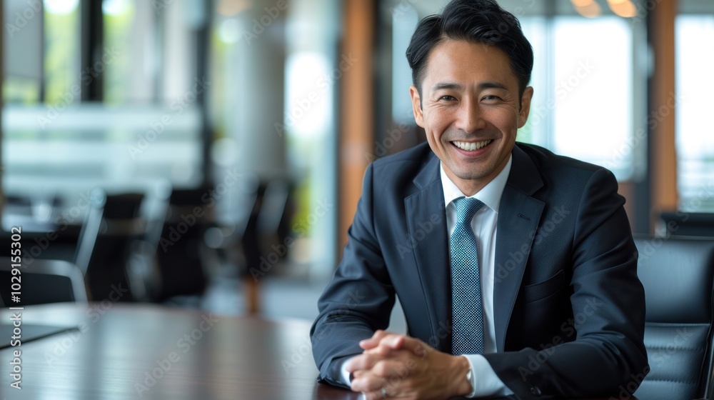 Smiling Businessman in a Suit Sitting at a Conference Table Smiling Businessman in a Suit Sitting at a Conference Table