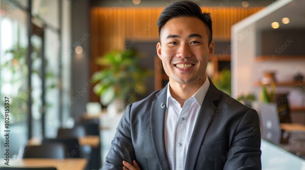 Fototapeta premium Smiling Asian Man in Suit with Arms Crossed in Office Setting