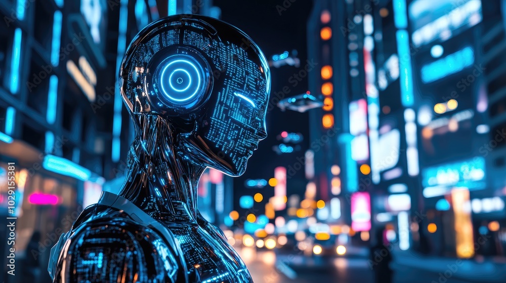 A futuristic humanoid robot, with sleek metallic skin and illuminated blue circuitry, standing in a neon-lit cyberpunk city at night, surrounded by holographic advertisements and flying cars 