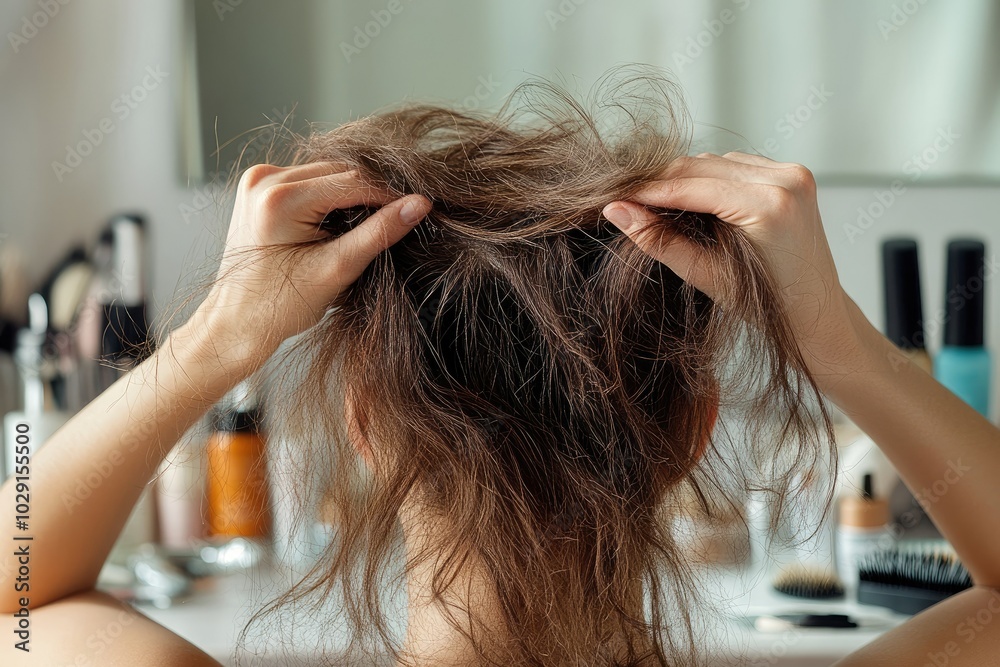 Naklejka premium A frustrated person pulling at split ends and frizzy hair, with blurred beauty products and hairbrushes spread on a vanity table