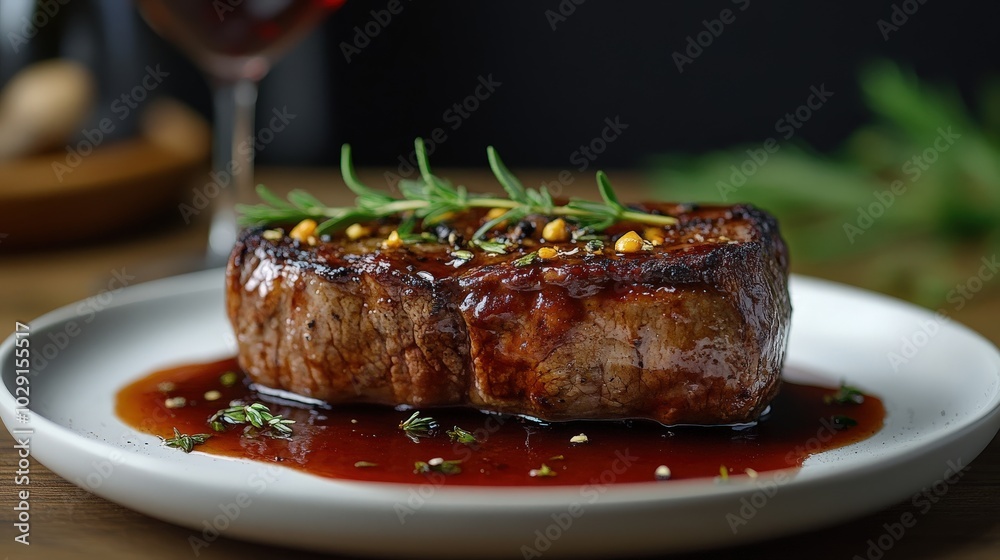 An inviting image of a perfectly arranged steak with sauce and herbs on a minimal dining table, paired with a glass of wine, creating an appetizing and warm setting.