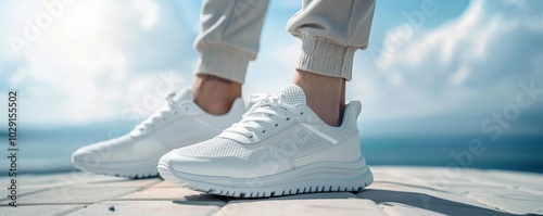 Man with sports shoes, white background, fitness footwear