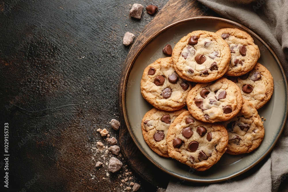 Naklejka premium A Plate of Warm Chocolate Chip Cookies on a Wooden Cutting Board