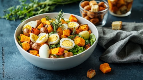 A white bowl filled with a salad made with roasted butternut squash, potatoes, and eggs, topped with rosemary sprigs and croutons.