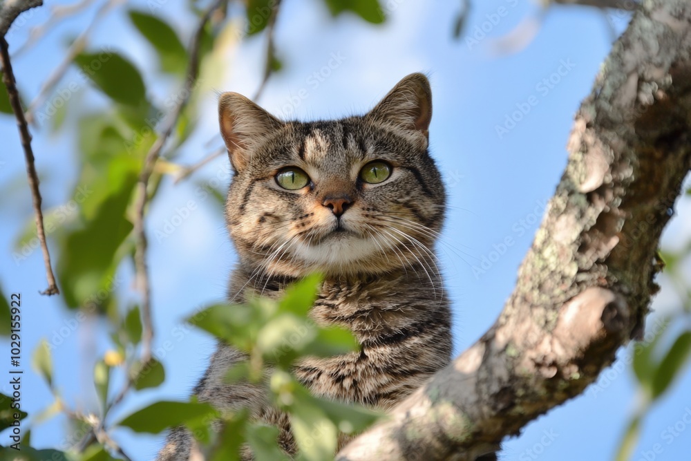 A wildcat gazes intently from its perch on a tree branch, framed by lush green leaves A wildcat gazes intently from its perch on a tree branch, framed by lush green leaves