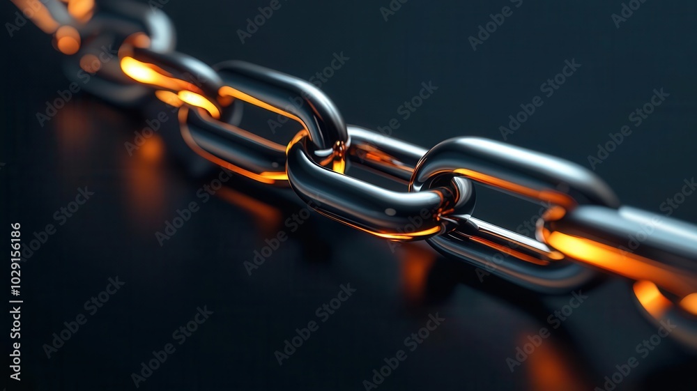 Fototapeta premium A close-up view of a metallic chain glowing with a warm, orange light, set against a dark background, highlighting its intricate links and textures.