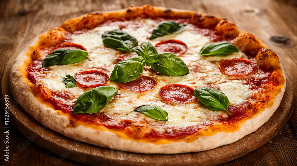 Delicious Pepperoni Pizza with Fresh Basil Delicious Pepperoni Pizza with Fresh Basil