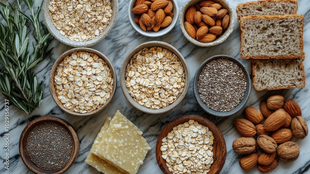 An overhead view of various healthy bread ingredients such as oats, seeds, and nuts arranged artistically on a countertop. An overhead view of various healthy bread ingredients such as oats, seeds, and nuts arranged artistically on a countertop.