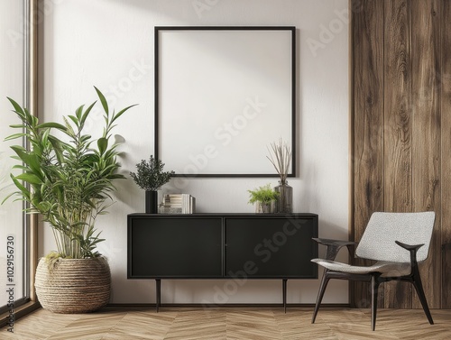 A sleek, minimalist room with a black cabinet, indoor plants, and an empty picture frame on the wall.