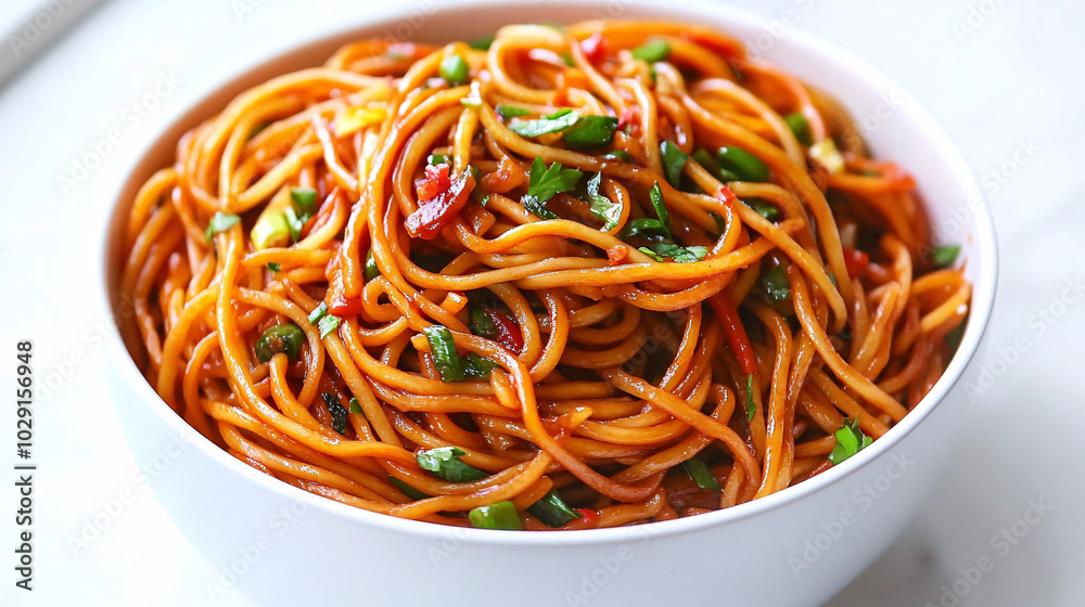 delicious spicy noodles in a white bowl