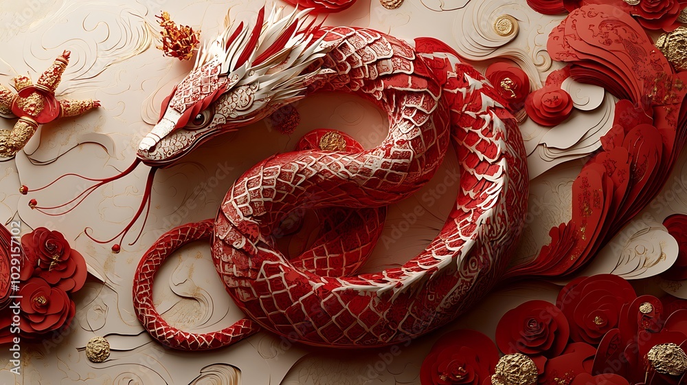 A detailed paper-cut snake design coiling around A detailed paper-cut snake design coiling around