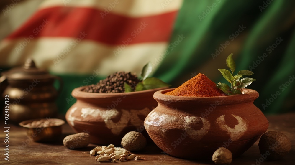 An empty scene featuring traditional Karnataka spices displayed in earthen pots, with the state's flag draped subtly in the background,