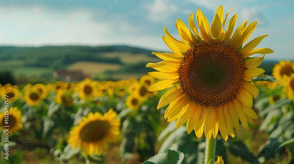 Large sunflower, with field of sunflowers and rural landscape in the background Large sunflower, with field of sunflowers and rural landscape in the background