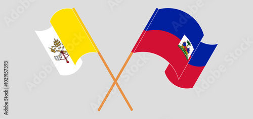 Crossed and waving flags of Vatican and Republic of Haiti. Vector illustration