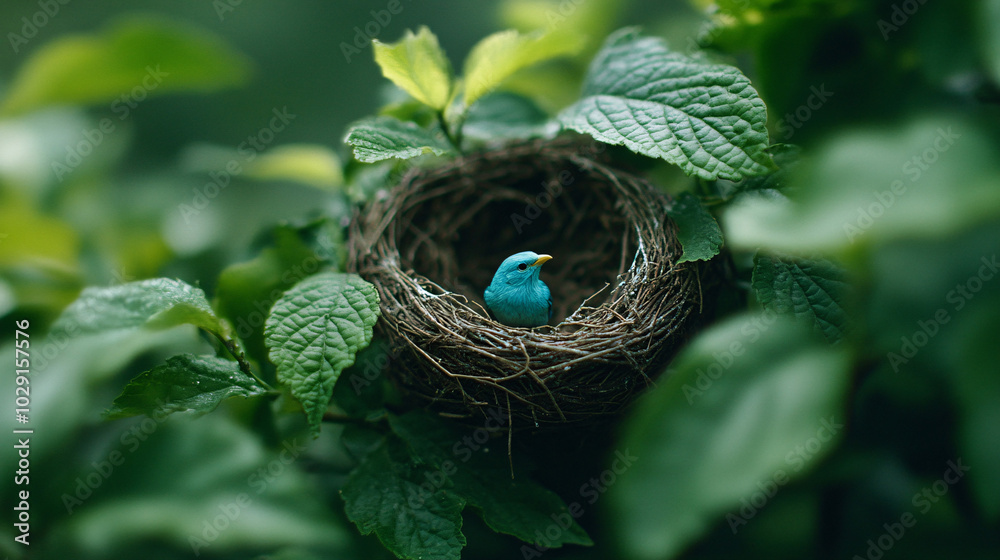 Small blue bird sitting in a nest surrounded by lush green leaves in nature, peaceful wildlife scene
Small blue bird sitting in a nest surrounded by lush green leaves in nature, peaceful wildlife scene