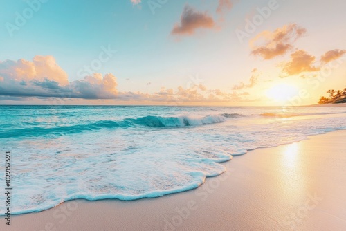 Tranquil Sunset Scene with Foamy Waves on Sandy Beach