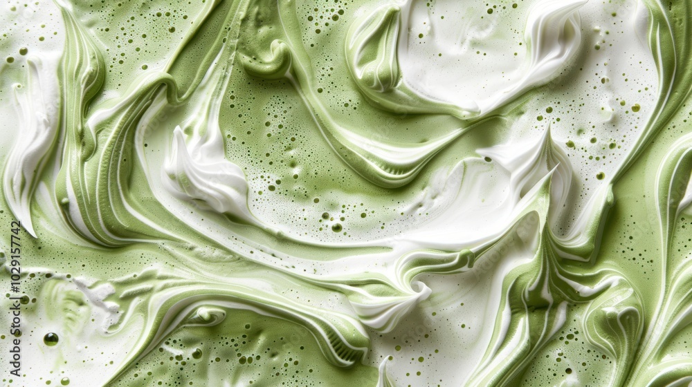 liquid background of matcha frappe cream texture with white and green swirls, top view, close up liquid background of matcha frappe cream texture with white and green swirls, top view, close up