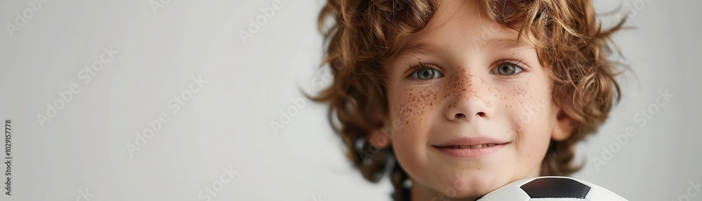 Boy with soccer ball, white background, athletic pursuit Boy with soccer ball, white background, athletic pursuit