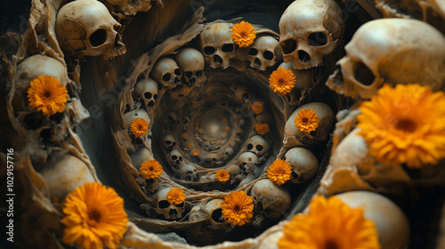 A spiral of interconnected skulls, formed by a single, unbroken line, with marigold accents growing along the spiral. Surrealism