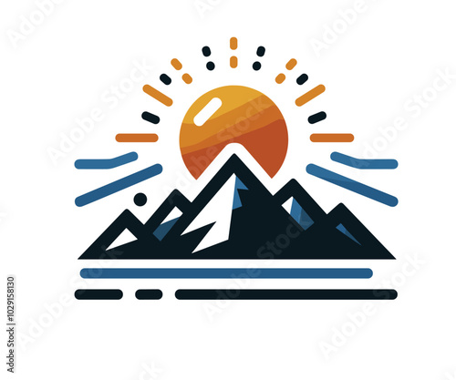 Stylized mountain landscape with sun and clouds vector illustration