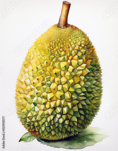 A vibrant watercolor painting of a durian fruit, showcasing its unique spiky texture and yellowish-green hues against a stark white background.  The artist's skill is evident in the meticulous detail. photo