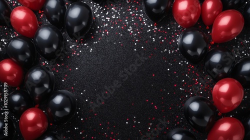 Background with red black balloons and gold glitter confetti