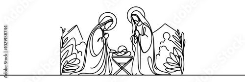 Continuous one line Christmas vector Christian nativity scene of baby Jesus with Mary and Joseph. Bethlehem scene.