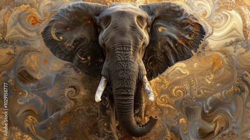 Majestic elephant surrounded abstract fractal elements, stunning generative art painting photo