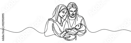 Continuous one line Christmas vector Christian nativity scene of baby Jesus with Mary and Joseph. Bethlehem scene.