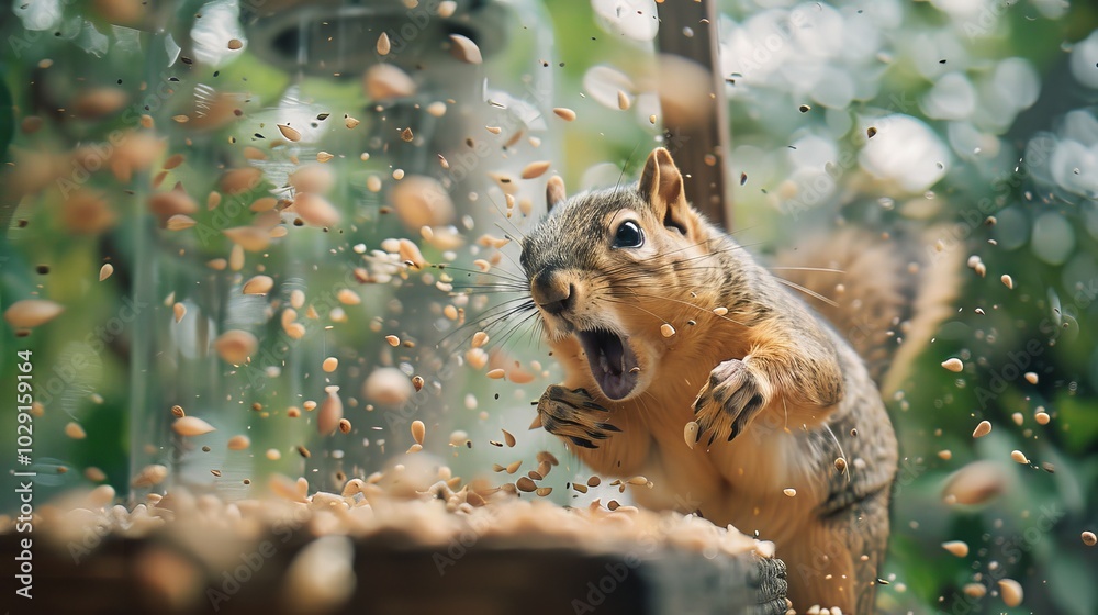 Naklejka premium Mischievous Squirrel Raiding Bird Feeder