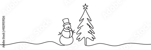 Continuous one line drawing of christmas tree and snowman in hat with scarf. Line vector illustration.